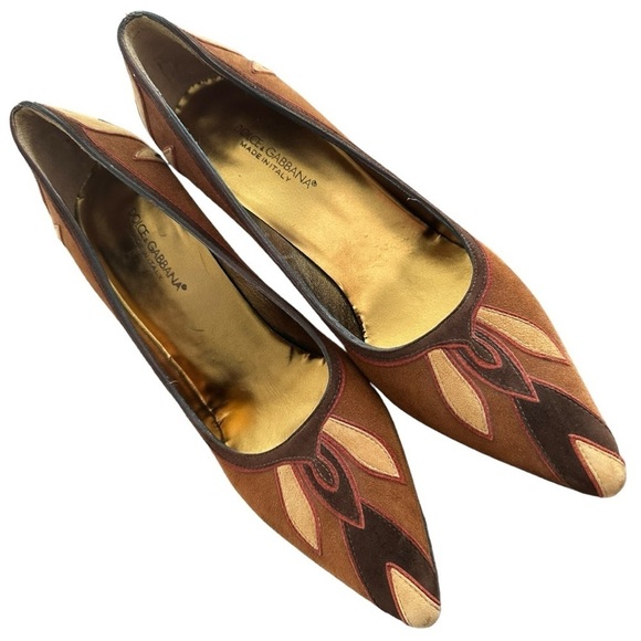 Dolce & Gabbana Vintage Suede Patchwork Fall Brown Pumps Heels - Picture 1 of 10